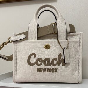 Coach White Pebbled Leather Tote with Taupe Logo and Trim